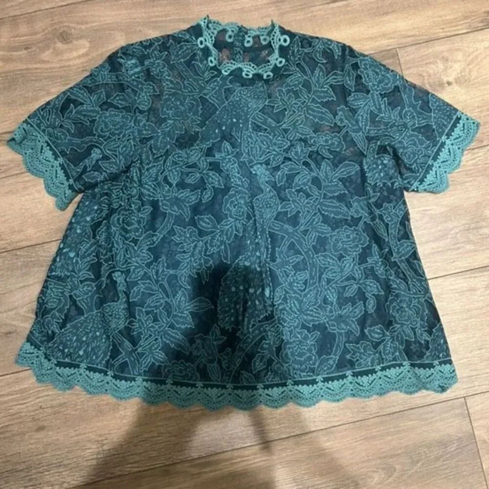 Anthropologie HD in Paris Lace Meadows Blouse Turquoise Boho